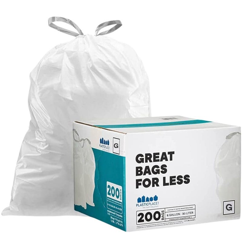 Plasticplace Custom Fit Trash Bags, Compatible with simplehuman Code G (200 Count) White Drawstring Garbage Liners 8 Gallon / 30 Liters, 17.5" x 28" - Image 1